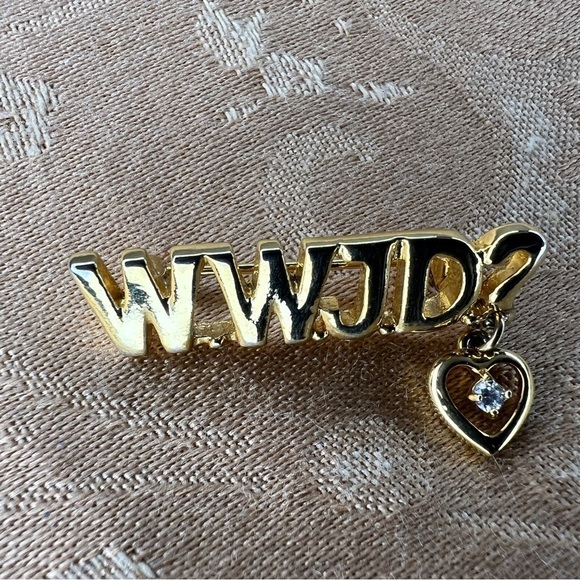 VINTAGE 90s WWJD GOLD BROOCH HEART RHINESTONE ACCENT GIFT RELIGIOUS - Picture 7 of 9